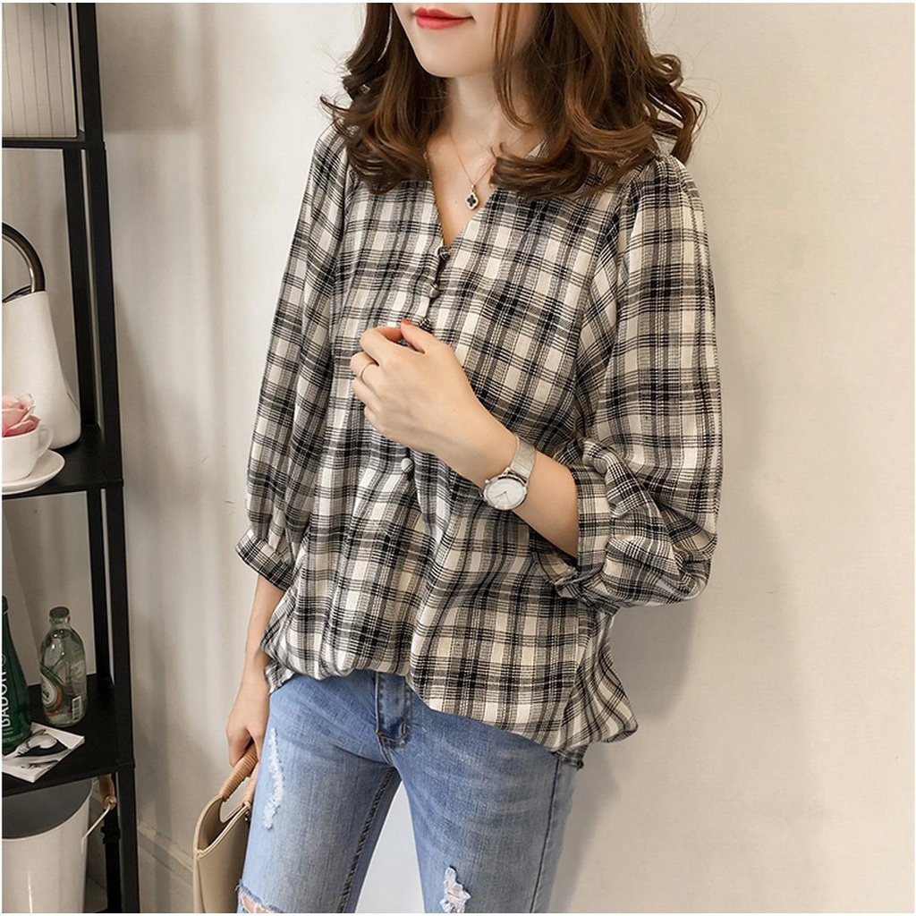 Áo kiểu nữ babydoll, Áo sơ mi kiểu nữ tay lỡ kẻ caro xinh