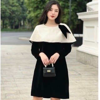 Váy đi tiệc, đầm tiểu thư phối cổ trắng chất nhung dáng xoè sang chảnh mặc dự tiệc