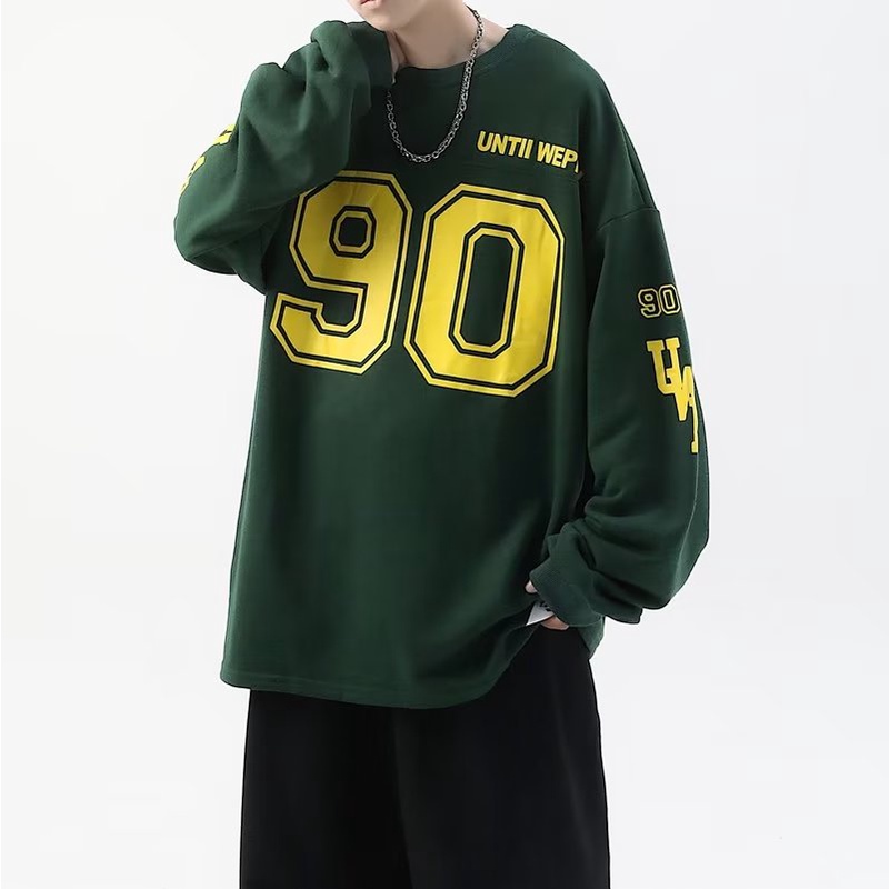 Áo Thun Tay Dài Chui Đầu Dáng Rộng In Hình Khúc Côn Cầu 90 Hockey Jersey Phong Cách Retro Đường Phố Mỹ