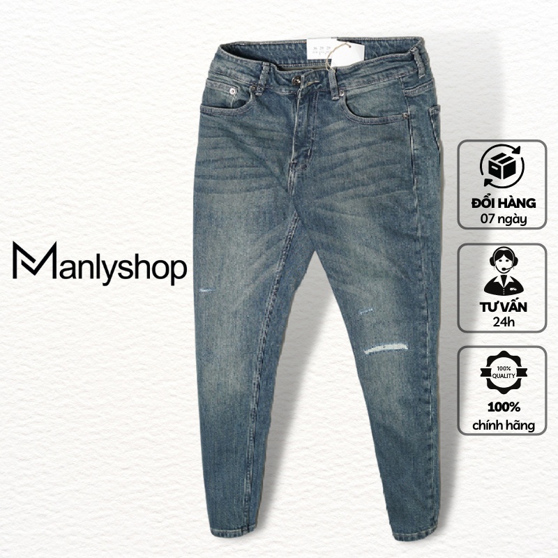 Quần jean nam chính hãng MANLY form slimfit màu xanh bụi, Quần bò nam Pull bear cao cấp 0202