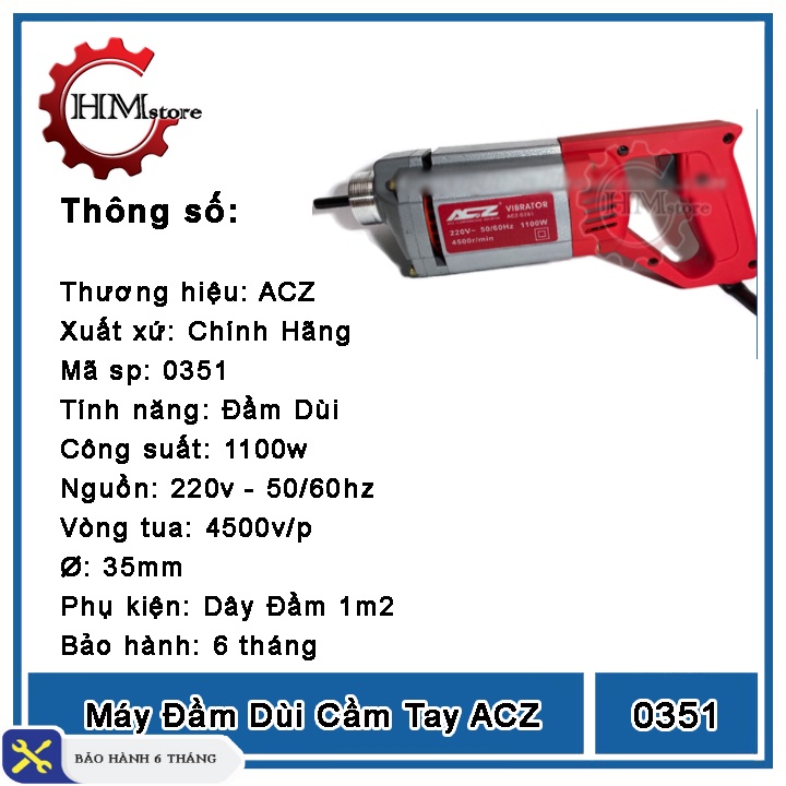 Máy đầm dùi bê tông ACZ 0351, công suất 1100w, dây đầm dùi 1m2 - Máy dùi bê tông, máy đầm bê tông - Bảo hành 6 tháng