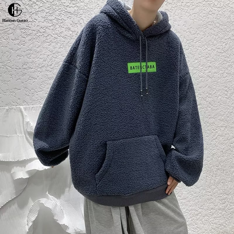 Hattongutto COD OOTD Áo Khoác hoodie Lông Cừu Dày Dặn Dáng Rộng Thời Trang Thu Đông Cho Nam Giới