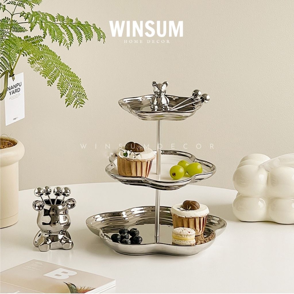 Khay đựng bánh kẹo, hoa quả bằng sứ tráng men bạc cao cấp, nhiều tầng có núm Bearbrick - Winsum decor