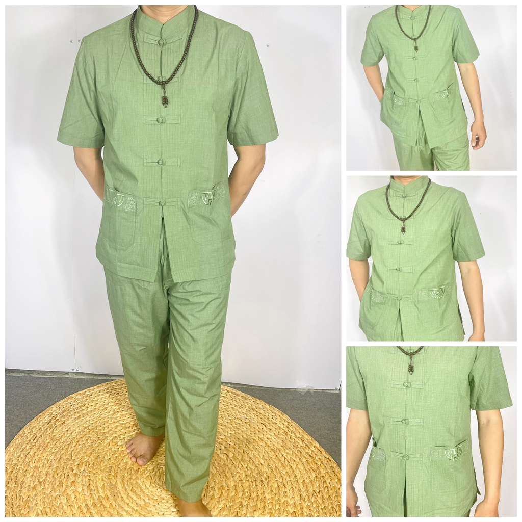 Pháp Phục cho nam cổ thêu nút màu Xanh Lá