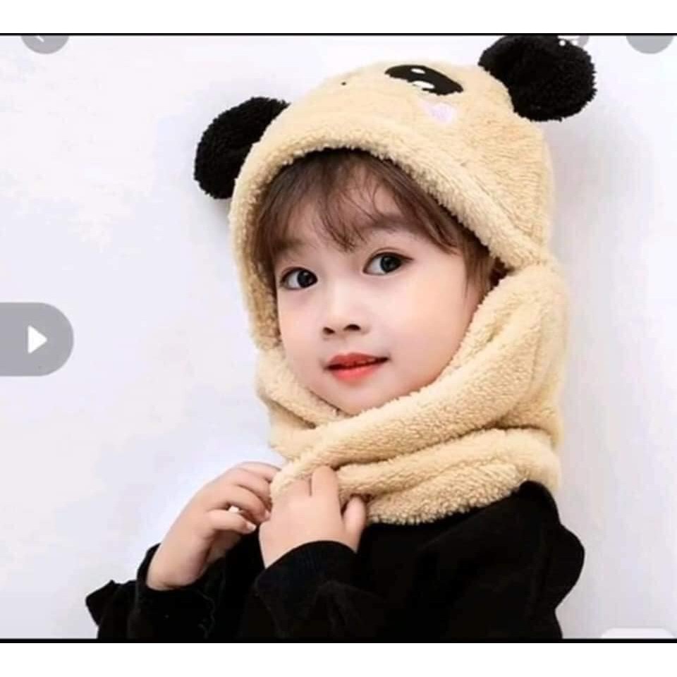 Mũ lông gấu Panda cho bé💚CAM KẾT CHUẨN💚Nón len trẻ em lông cừu liền khăn cổ hình gấu ấm áp mùa đông