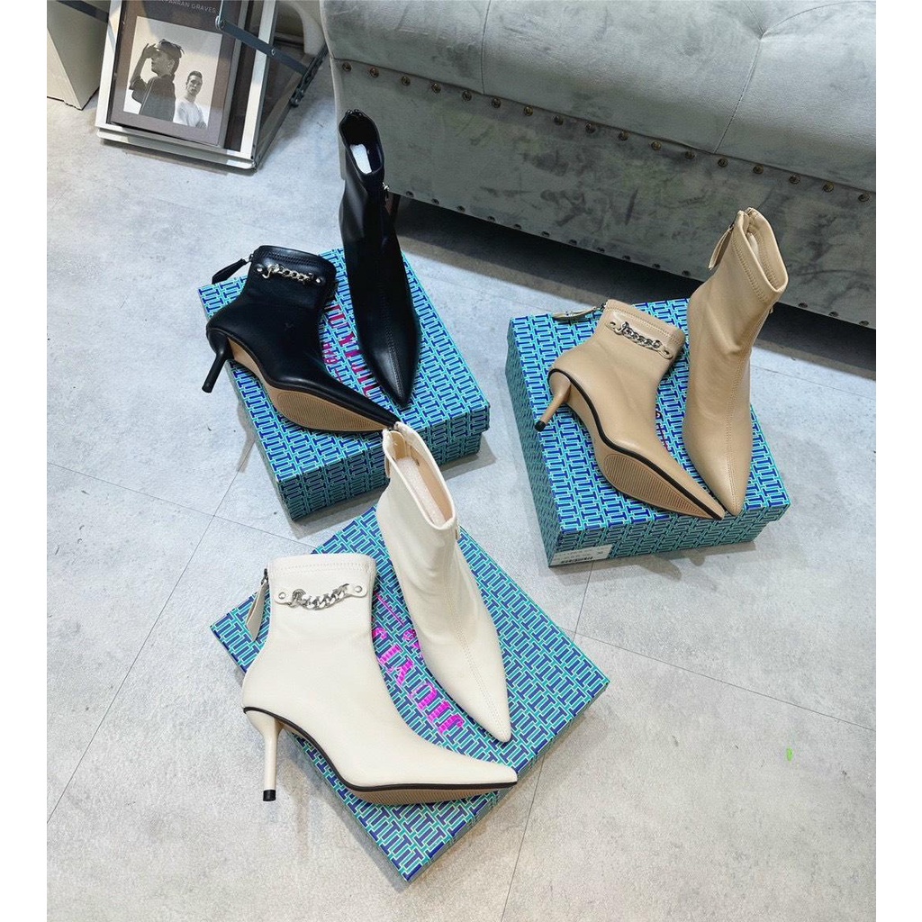 [Có sẵn] MÃ 1128-6 BỐT NỮ CỔ NGẮN PHỐI XÍCH CHẤT DA LỲ MỀM GÓT NHỌN CAO 6P CAO CẤP FULLBOX