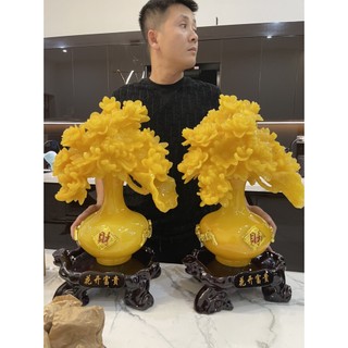 Lọ hoa mẫu đơn màu vàng đế gỗ phong thủy trang trí nhà cửa giàu sang phú quý hạnh phúc cao 60cm