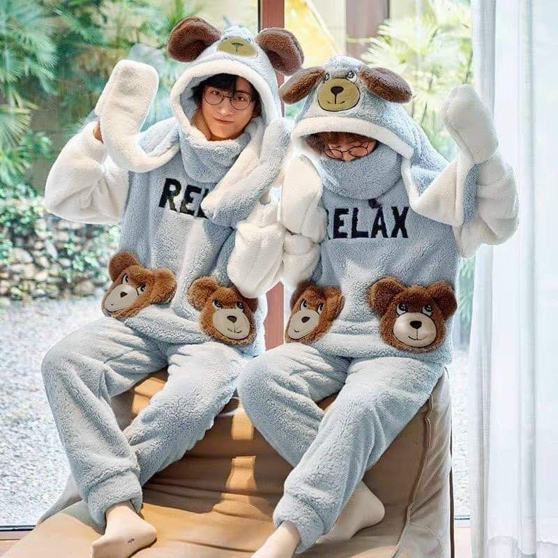 Bộ ngủ mùa đông thỏ tai hồng hình thêu chuẩn mẫu lên dáng xinh mặc ấm
