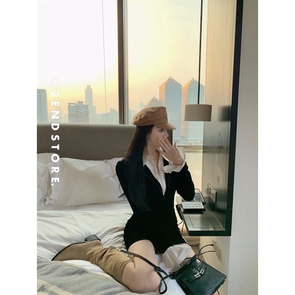 2END Váy nhung burdanh phối cổ sơ mi