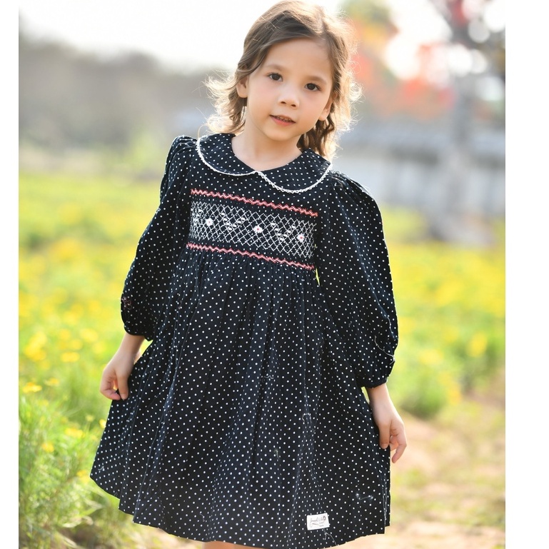 Váy Đầm Bé Gái SMOCK CÔ NẮNG Nhung Tăm Xanh Than Chấm Bi Dài Tay Thêu Chỉ Trắng