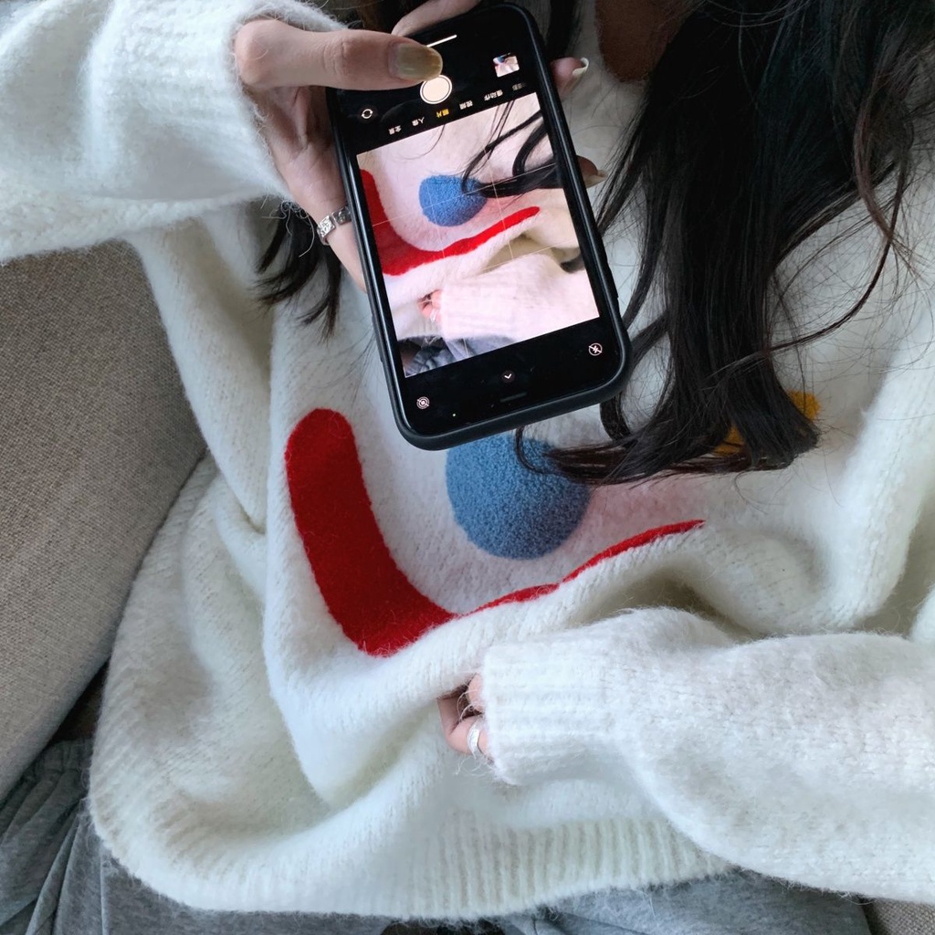 Áo len dệt kim dài tay in họa tiết Thời trang mùa thu phong cách hàn quốc cổ tròn rộng rãi ngọt ngào nữ