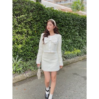 Set dạ Tweed đính nơ trắng Tiểu thư siêu xinh