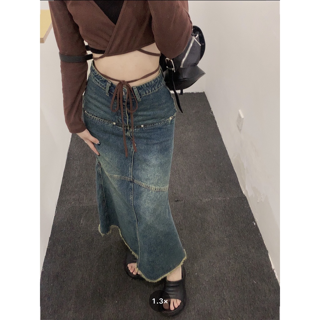 Chân váy bò dáng dài EMIX, denim, đuôi cá, dáng ôm, phối bèo dài cv6857/P1K12