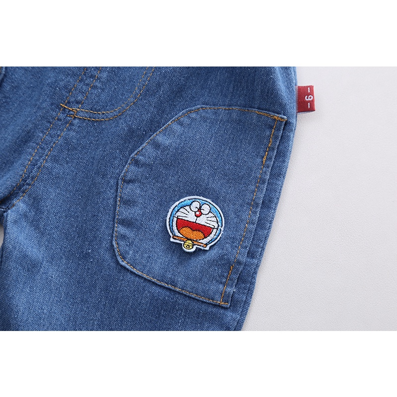 Bộ Áo Sơ Mi Tay Dài + Quần Denim Họa Tiết Doraemon Phong Cách Hàn Quốc Thời Trang Cho Bé Trai Gái 80-120cm