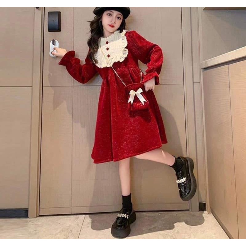VÁY NHUNG ĐỎ KÈM TÚI ĐEO SIZE ĐẠI CHO BÉ