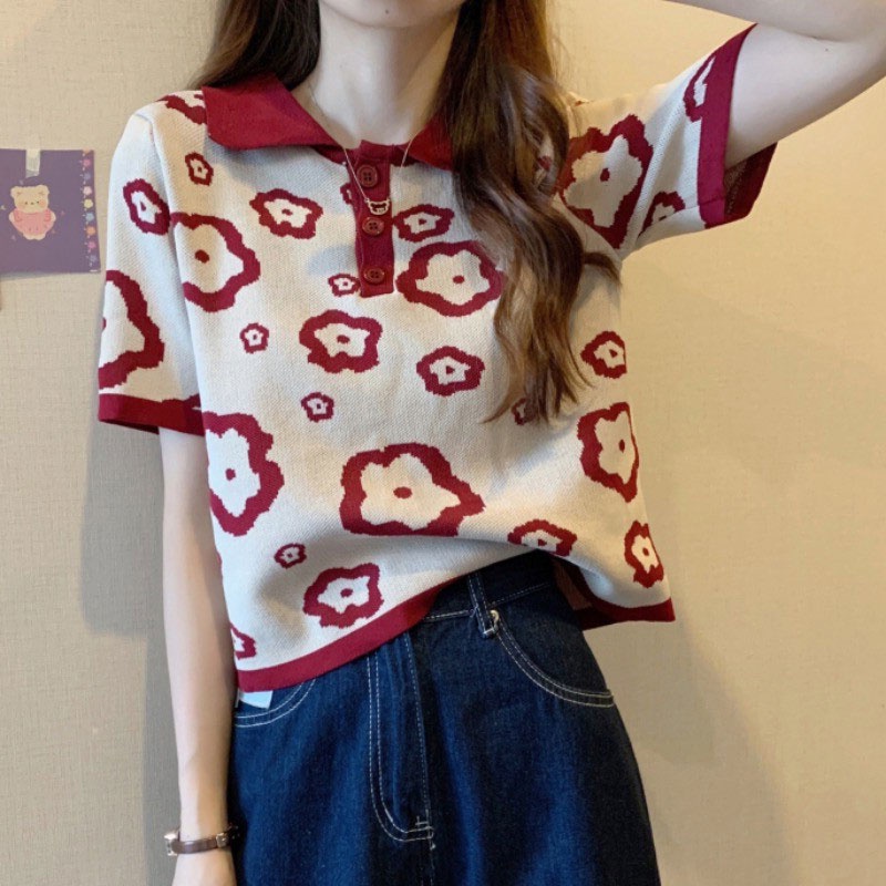 Áo Thun POLO Dệt Kim Tay Ngắn Dáng Ôm In Họa Tiết Xinh Xắn Thời Trang Hàn Quốc Cho Nữ