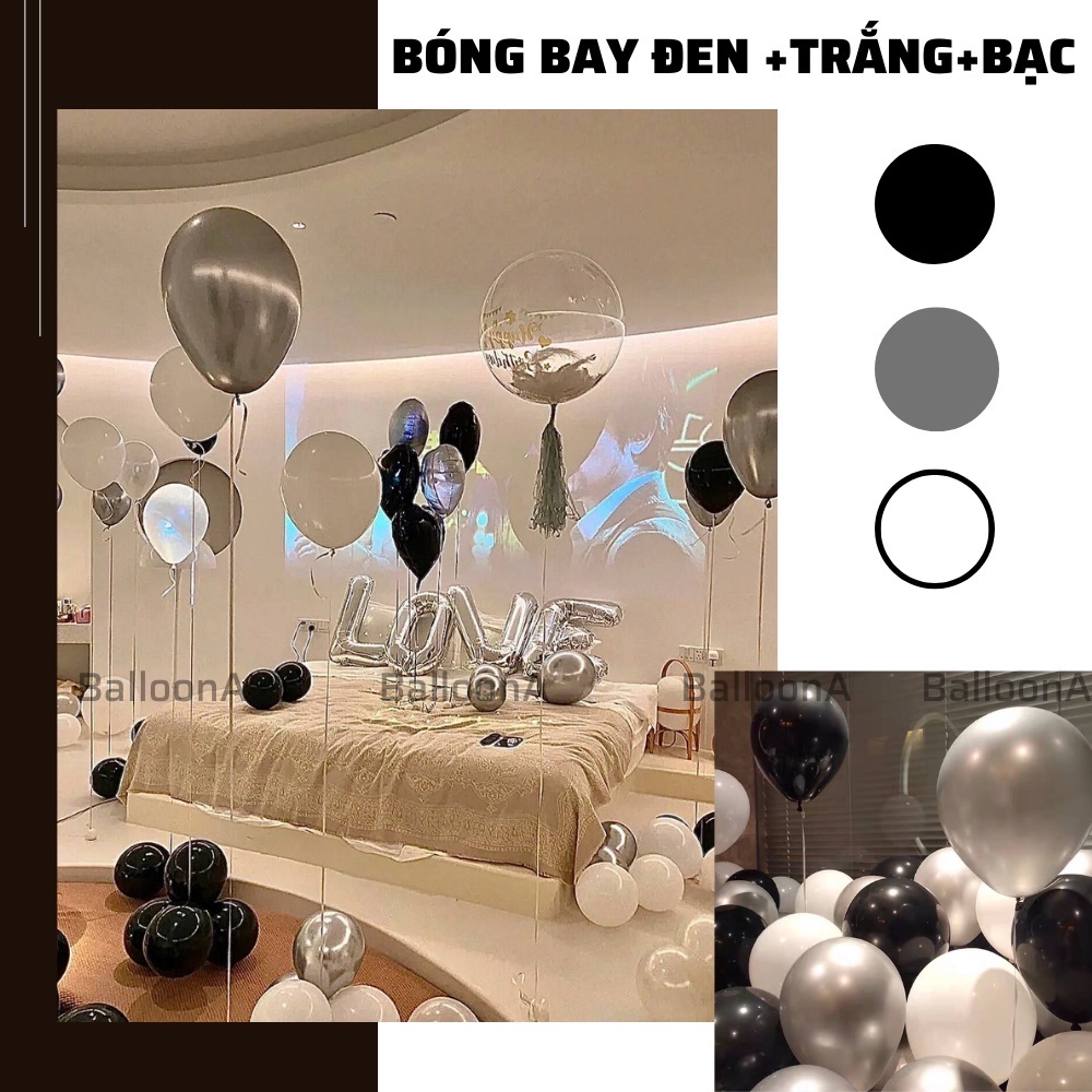 Set 10 Bóng Bay Đen Trắng Bạc Size 10 Inch Trang Trí Sinh Nhật, Tiệc Tùng