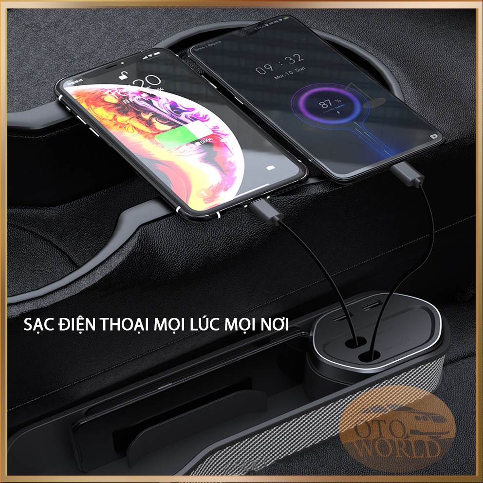 KHAY ĐỰNG ĐỒ ĐA NĂNG, TÍCH HỢP 2 DÂY SẠC TYPE-C, LIGHTNING TIỆN DỤNG CHO Ô TÔ - CHẤT LIỆU CARBON CAO CẤP -HỘC ĐỒ KHE GHẾ