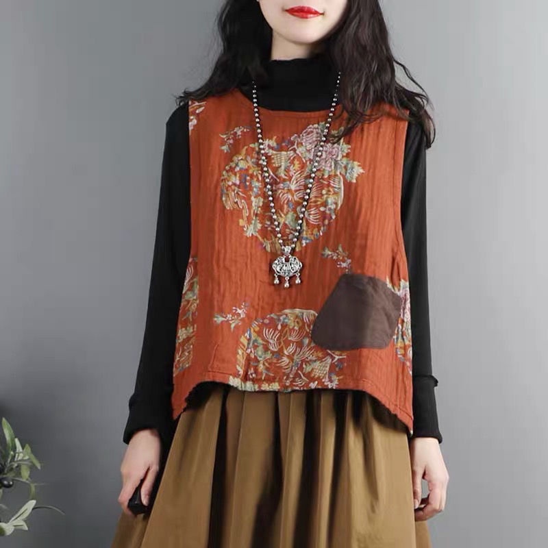 Áo cotton Lanh Hai Lớp Không Tay In Họa Tiết Phong Cách Trung Hoa Cổ Điển Dành Cho Nữ