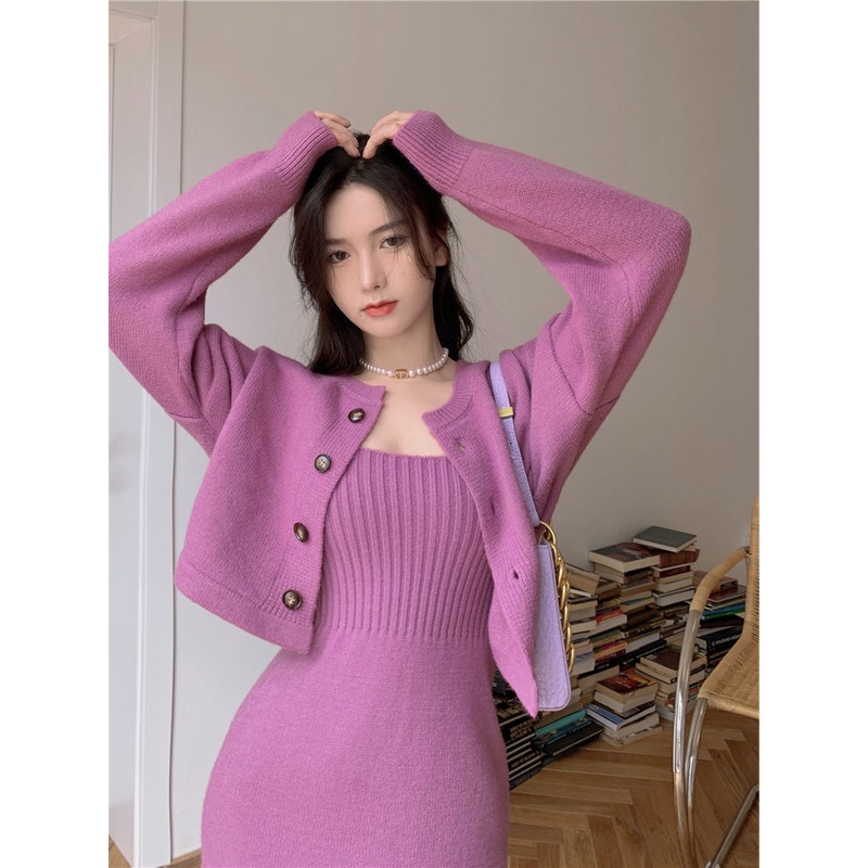 Set váy len body tôn dáng váy 2 dây kèm áo khoác cardigan dáng dài ôm sang chảnh phong cách Hàn Quốc màu đỏ S-10.3