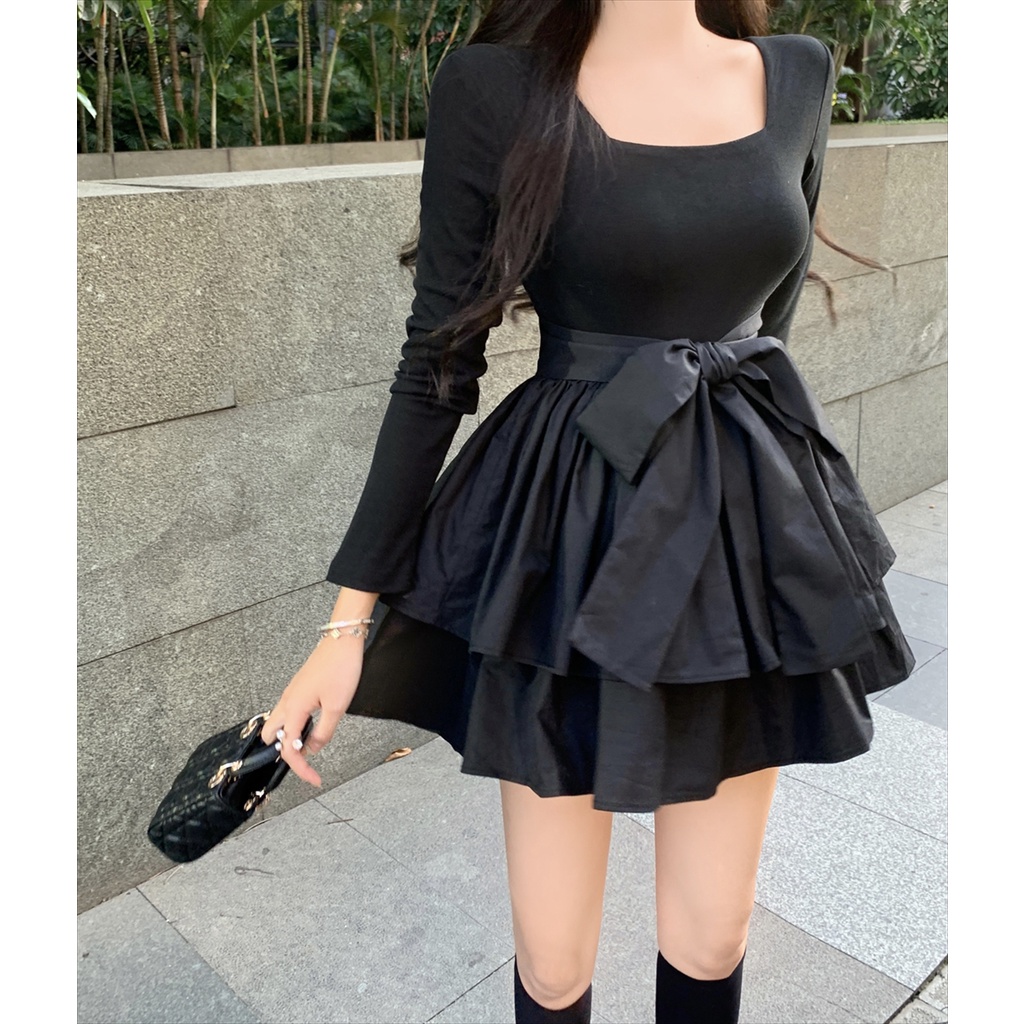 Đầm Đen Cổ Vuông Tay Phồng Phong Cách Thời Trang Hàn Quốc