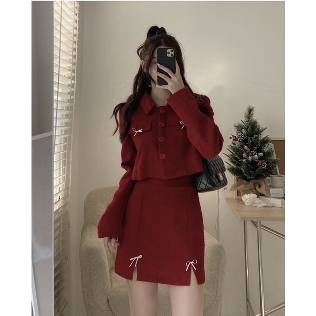 Set Dạ Đỏ Mặc Tết , Set Váy Nữ Tiểu Thư Áo Croptop mix Chân Váy