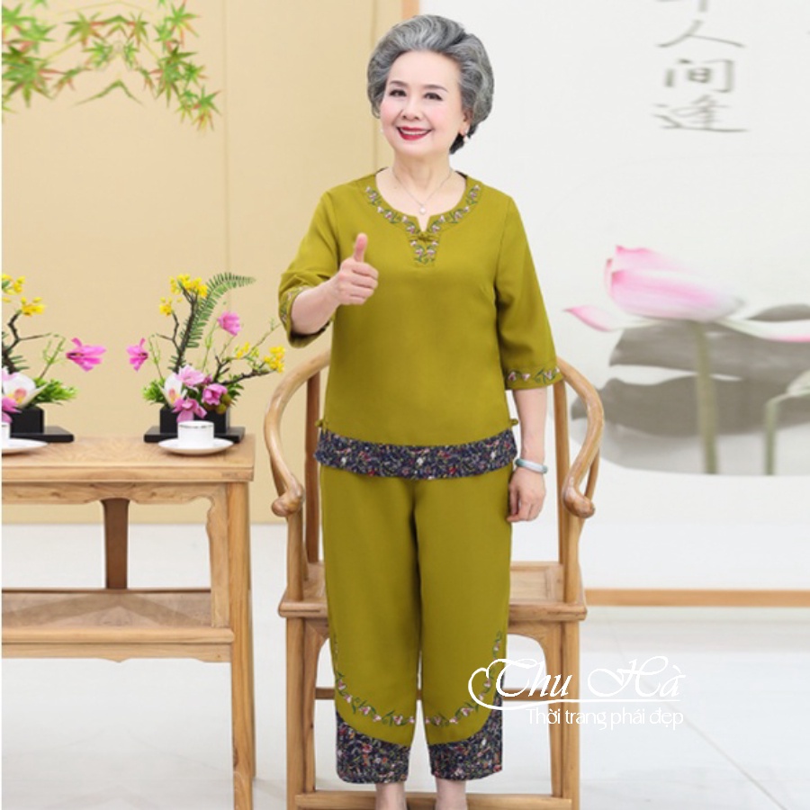 Đồ bộ trung niên nữ thêu hoa Thu Hà quần áo mặc nhà tặng bà tặng mẹ chất liệu co giãn form thoải mái ĐBH.21