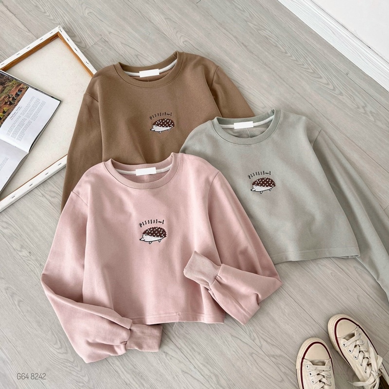 Áo croptop thêu hình tay dài chất nỉ dày dặn cổ tròn freesize Pumi