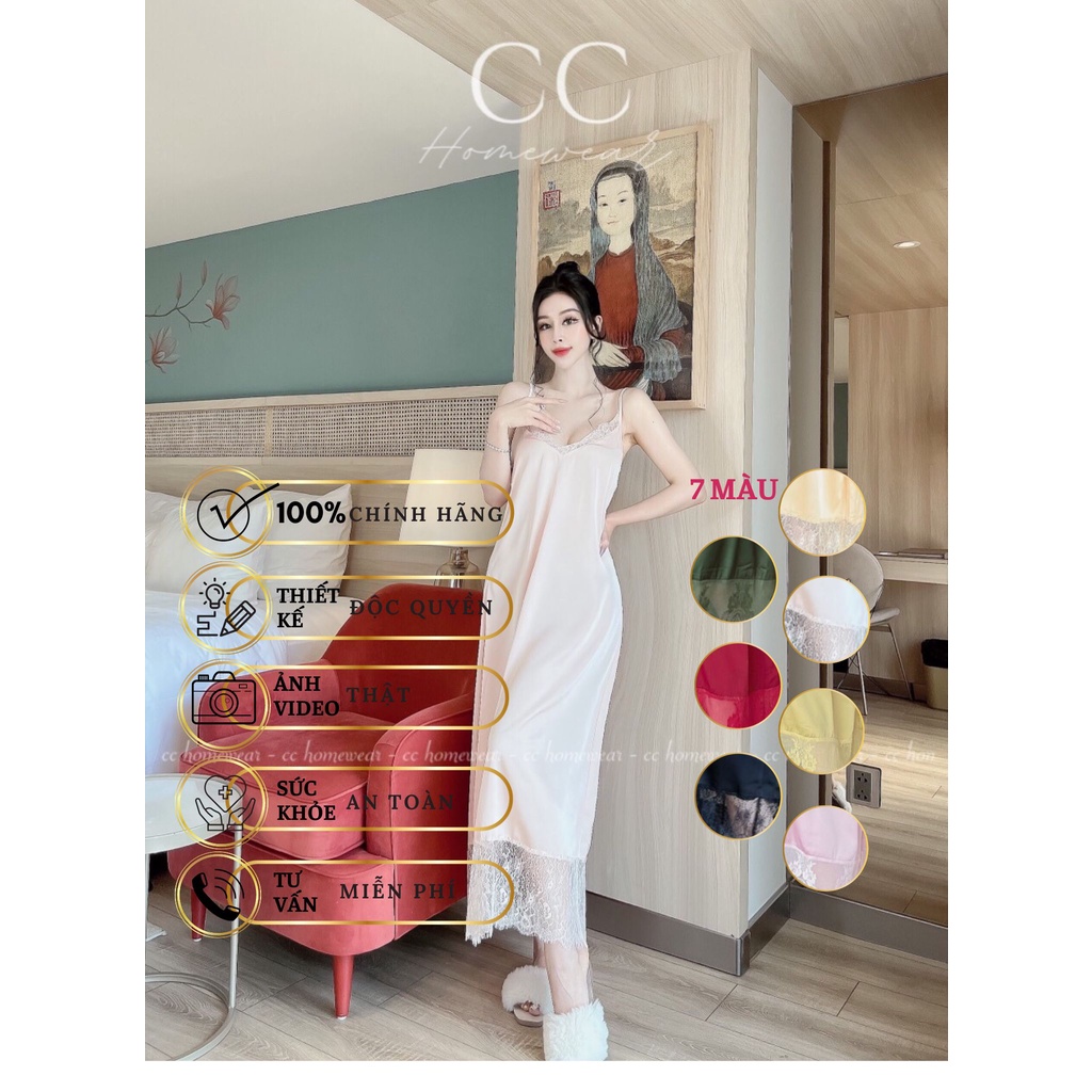 Đầm dây dáng dài C10 hàng hiệu CC HOMEWEAR lụa 2 dây maxi phối ren