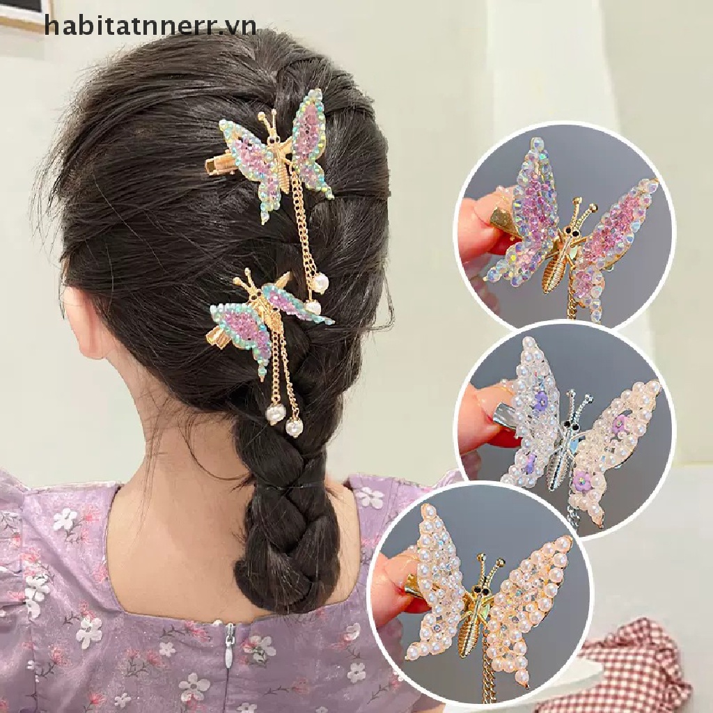 Kẹp Tóc Hình Bướm Đính Ngọc Trai Phối Dây Tua Rua Phong Cách Cổ Điển Thời Trang Cho Nữ