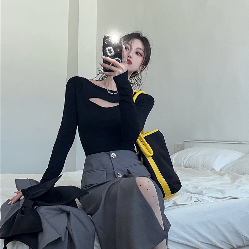 IELGY Áo Thun Tay Dài Màu Trơn Dáng Ôm Khoét Lỗ Cá Tính Cho Nữ Màu Sắc