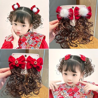 Sét 2 cặp tóc giả bé gái màu đỏ, phụ kiện kết tóc tạo kiểu cho bé