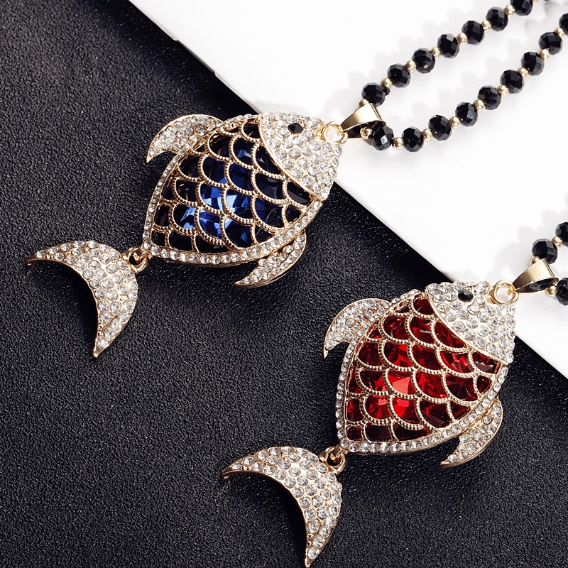 Vòng cổ Dài Mặt Hình Cá Đính Đá Pha Lê Xanh Đỏ Cho Nữ