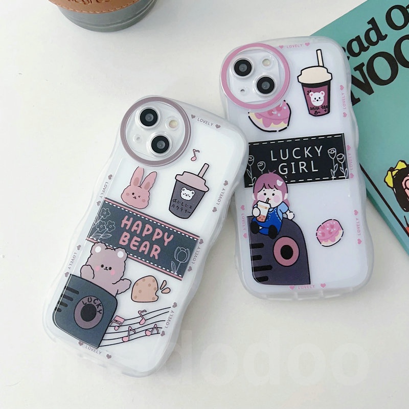 OPPO A17 A77S A76 A96 A54 4G 5G A16 A16S A74 A95 A55 A53 A33 2020 A52 A72 A92 A15S A15S A31 A1K A12E A3S A9 A5 A7 A5S A12 A11K A57 2022 A83 A71 2018 A59 F11 Pro F7 F1S F5 Youth Cartoon Happy Bear Milk tea Lucky Girl Waves Edge Clear Soft Phone Case STB 13