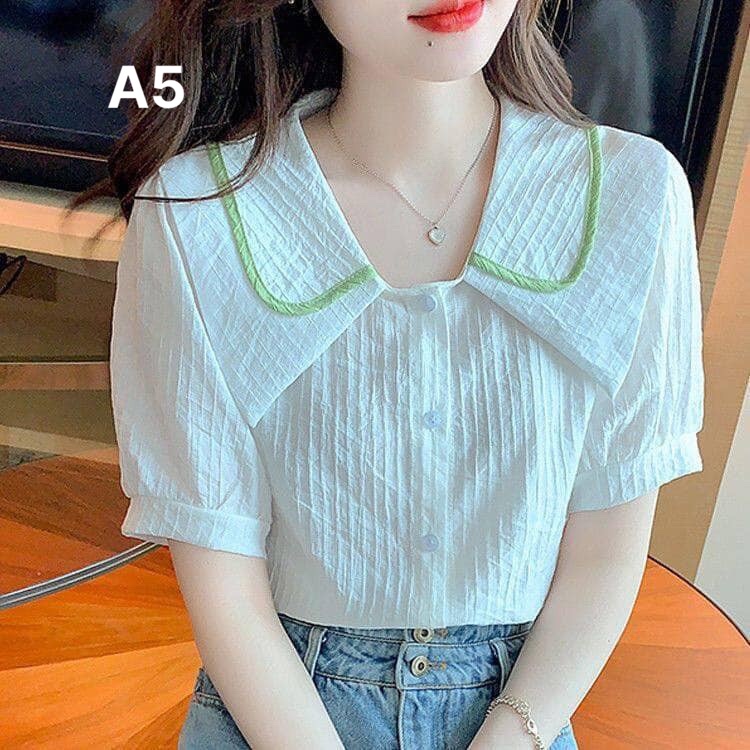 Áo sơ mi nữ tay ngắn Gloria Shop viền xanh , Áo sơ mi nữ kiểu cổ 2 lá, chất vải đẹp, hàng công sở thiết kế -A5