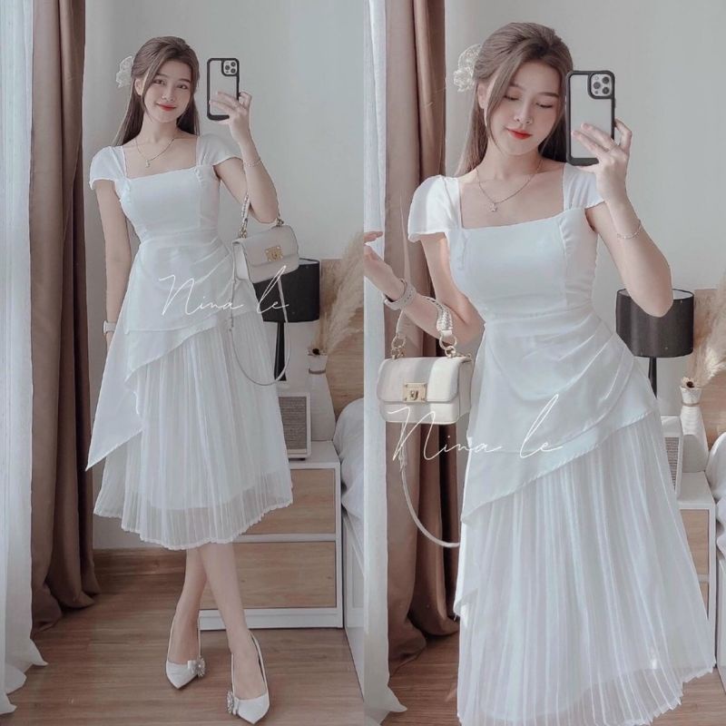 Sét Đồ Bộ Nữ Dự tiệc đám cưới sự kiện Áo Bèo Vải Đũi Lụa  Kèm Chân Váy Voan Dập Ly  Vip36