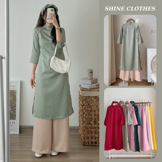 Set áo dài lụa trơn kèm mấn ngọc shine clothes , áo dài cách tân chất lụa mềm mại dáng xuông