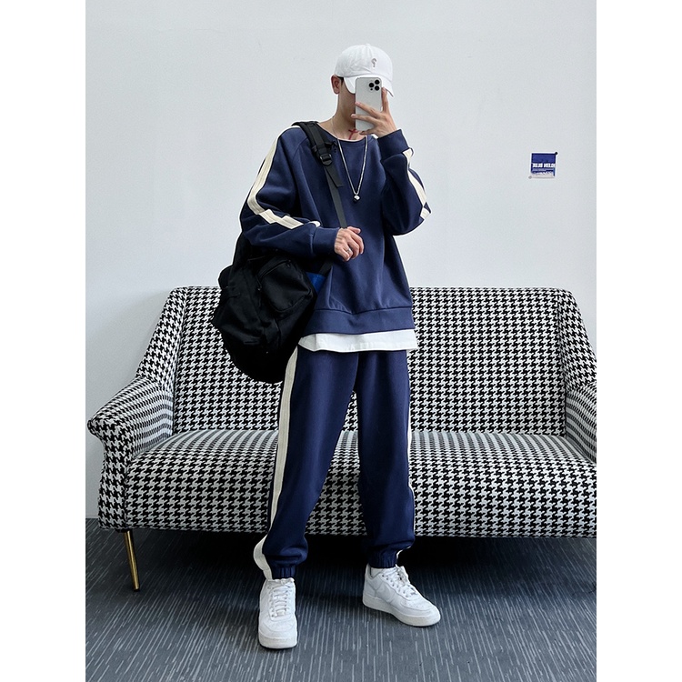 Bộ Thể Thao Cổ Tròn Nam Phối Sọc Kẻ Trơn, Nỉ Ngoại 100% Dày Dặn Fom Rộng Sành Điệu Hot Trend Mùa Đông 2023