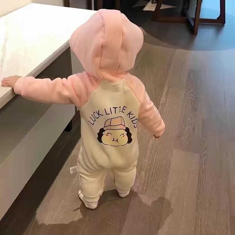 Bộ Áo Liền Quần Bằng Cotton Tay Dài Có Nón In Họa Tiết Hoạt Hình Dễ Thương Thời Trang Mùa Thu Cho Bé Trai Và Gái 0-2 Tuổi