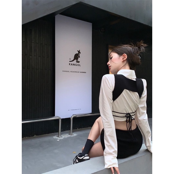 Set 3 Món Áo Sơ Mi Trắng Croptop & Áo Len Sát Nách Hở Lưng & Chân Váy Ngắn Ôm Kèm Cà Vạt