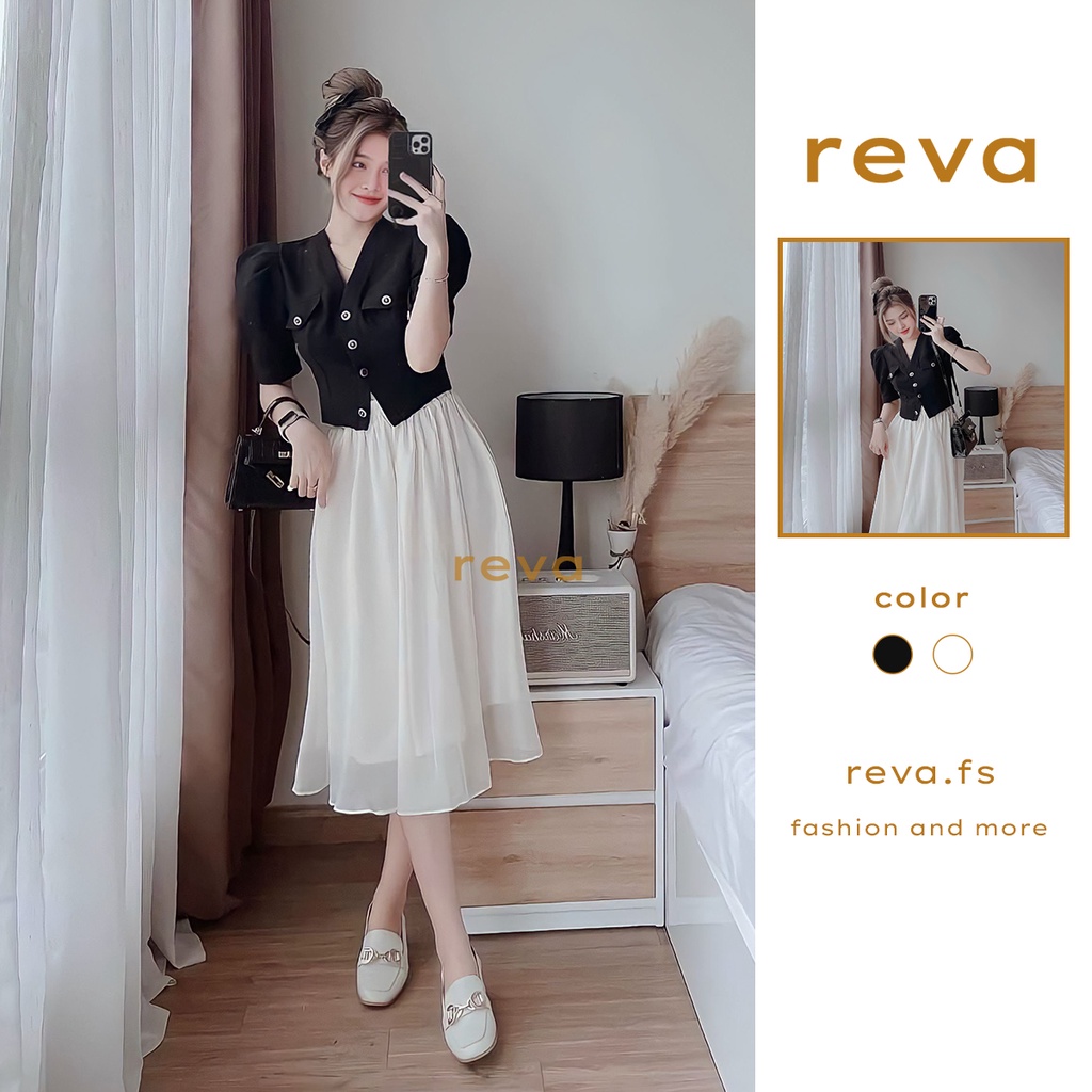 Set đầm váy nữ REVA B13 áo tay phồng cài nút thật túi giả mix kèm chân váy dáng xòe vải voan xếp ly phù hợp đi chơi, tết