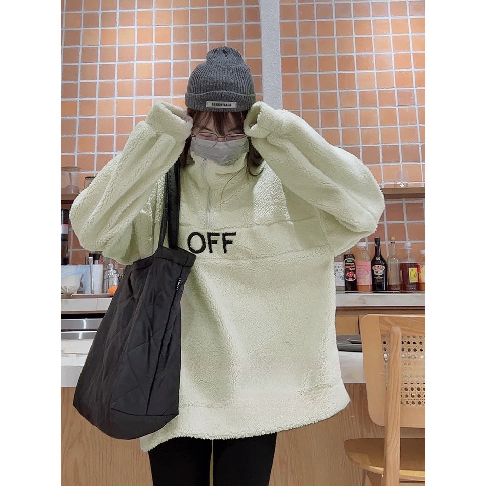 Áo Sweater Zip Nữ Vải Lông OFF 🦋 Áo Nữ Cổ Cao Dáng Thụng Chữ Thêu 🦋