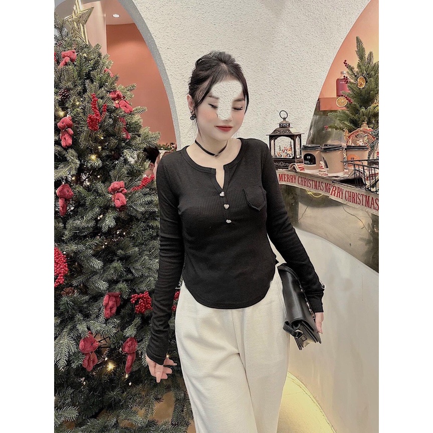 [CRTYK486] ÁO KIỂU NỮ CỔ TRÒN KHOÉT ĐÍNH NÚT DÀI TAY TÚI 1 BÊN LAI BẦU MÀU TRẮNG ĐEN NÂU CHẤT THUN GÂN DÀY DẶN CO GIÃN T