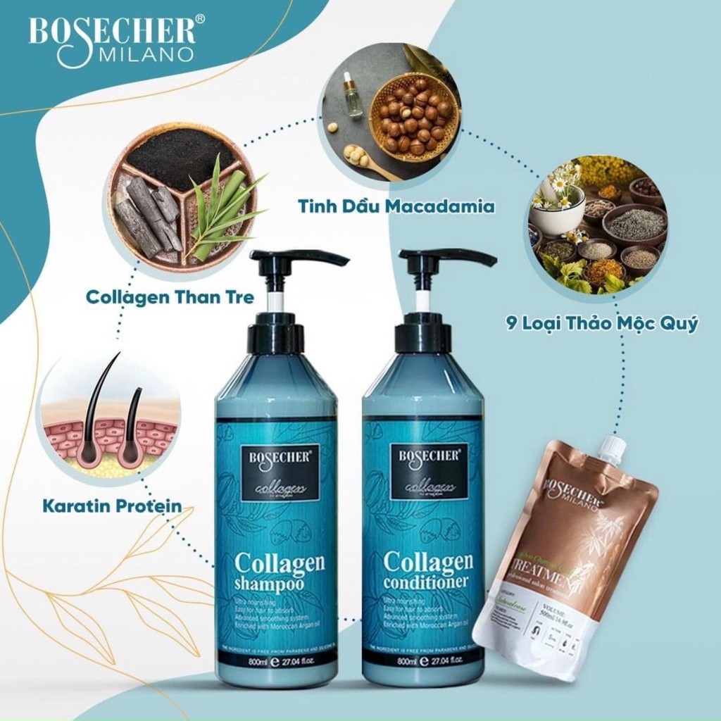 Dầu Gội Dầu Xả Collagen Bosecher Phục Hồi Tóc Hư Tổn Kích Thích Mọc Tóc Siêu Mềm Mượt Cặp 800ml hàng hiệu chính hãng