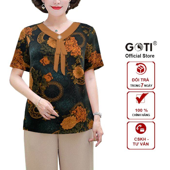 GOTI - Áo Kiểu Trung Niên Cao Cấp Vải Lụa Mềm Mịn Tay Lửng Cổ Tròn 2 Chiếc Lá Thời Trang Cho Mẹ U50 U60 3A40 3A38 3A36