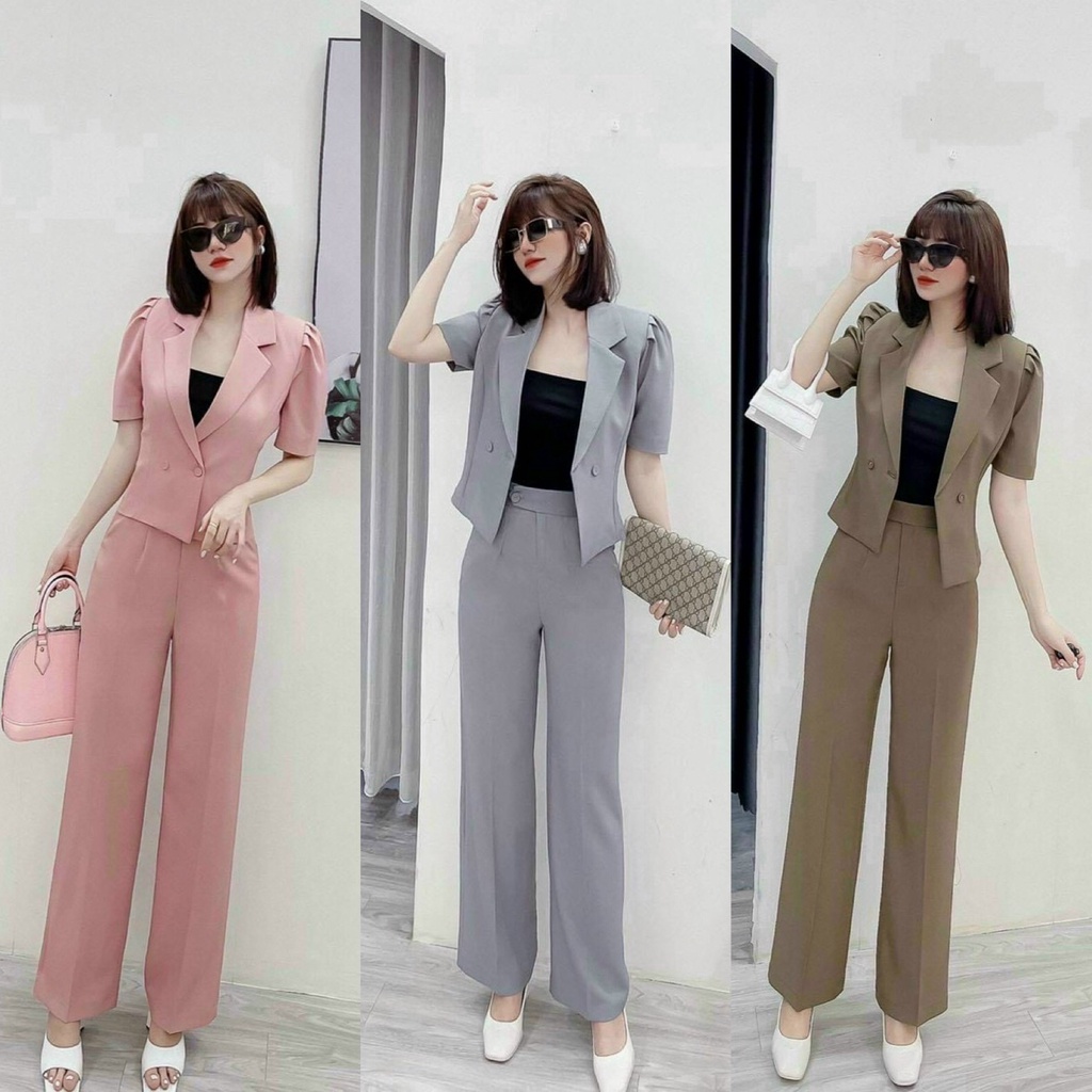 Sét Đồ Bộ Nữ 3 Món Chất Vải Tuyết Mưa Áo Trong Cotton Phối Áo Khoác Ngoài Vest Tay Ngắn Kèm Quần Dài Thiết Kế Sang Chảnh