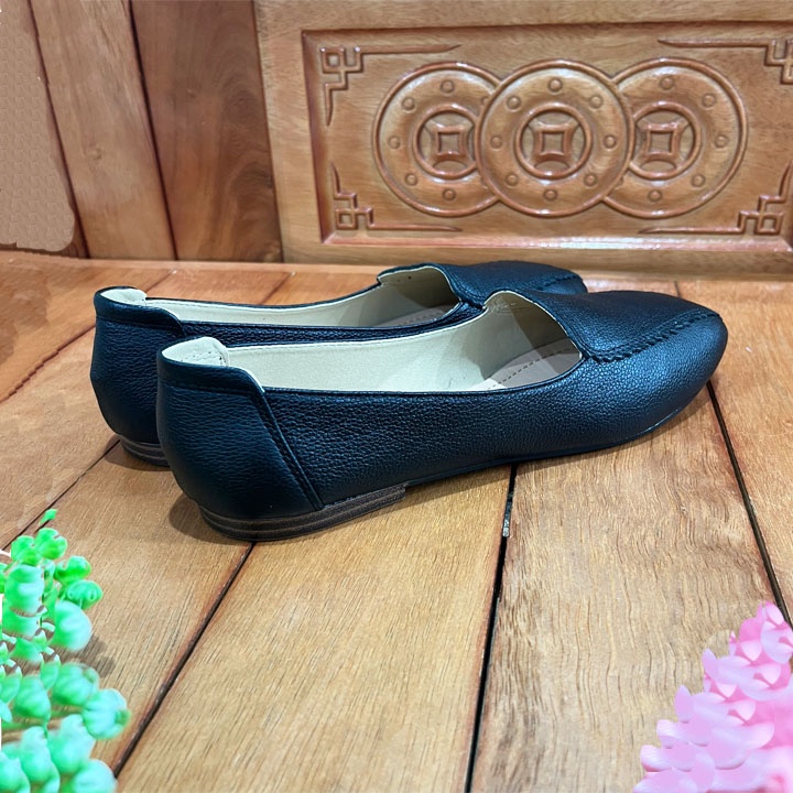 Giày búp bê da bò thời trang Trường Hải đế bằng màu đen BB126Đ