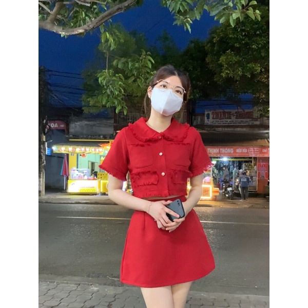 Set áo crop bố túi nắp kèm chân váy,set đồ nữ đi chơi đi tiệc siêu xinh xắn