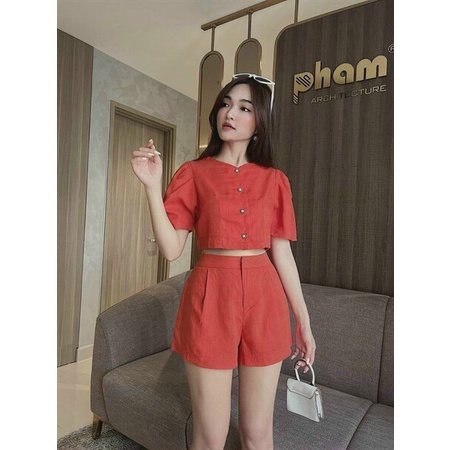 [Sale FreeShip] Sét bộ đùi nữ,bộ kiểu áo croptop tay ngắn nút ngọc mix quần cạp cao chất for cao cấp