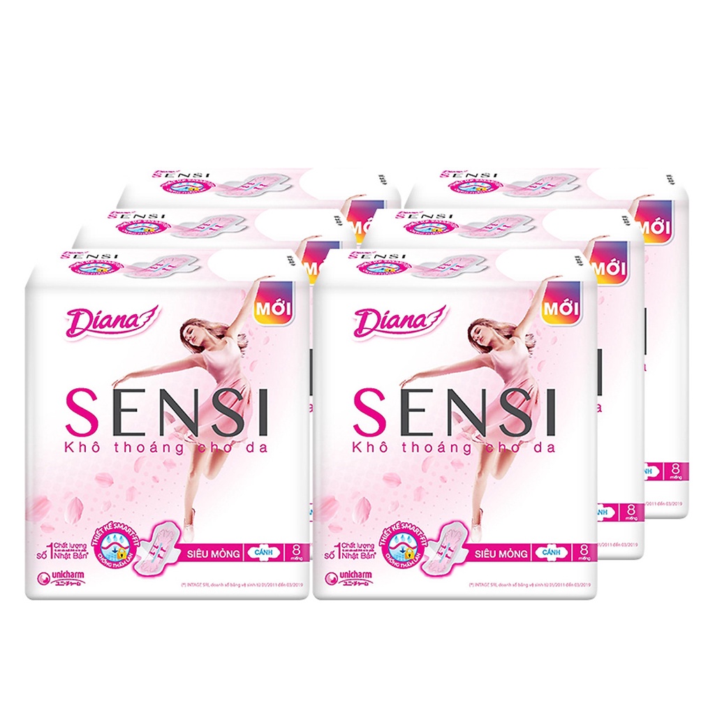 Lốc 6 gói Băng vệ sinh Diana Sensi trắng 8 miếng, 6 gói Băng Vệ Sinh Diana SENSI cánh (8 Miếng/gói)